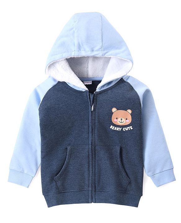 Babyhug Cotton Knit Full Sleeves Front Open Sweat Jacket with Hood Zipper & Teddy Graphics - Navy Blue