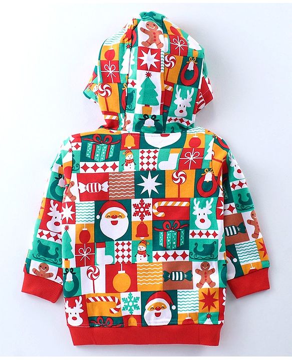 Babyhug Cotton Knit Full Sleeves Front Open Hooded Sweatjacket With Christmas Theme Print - Multicolour