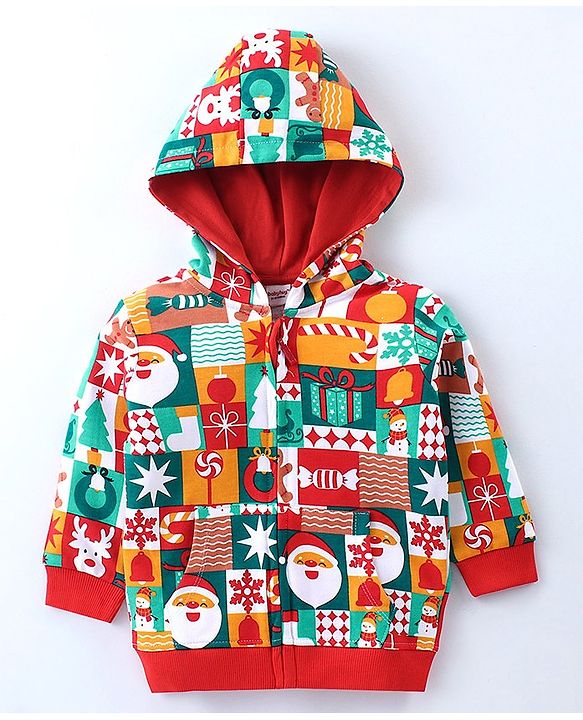 Babyhug Cotton Knit Full Sleeves Front Open Hooded Sweatjacket With Christmas Theme Print - Multicolour