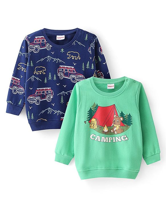 Babyhug Cotton Knit Full Sleeves Sweat Shirts with Camping Theme Print Pack of 2 - Green & Blue