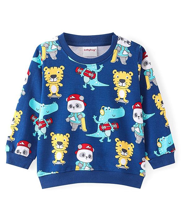 Babyhug Cotton Knit Full Sleeves Sweatshirts With Dino Print Pack of 2- Red & Blue