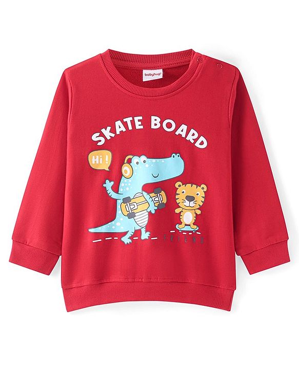 Babyhug Cotton Knit Full Sleeves Sweatshirts With Dino Print Pack of 2- Red & Blue