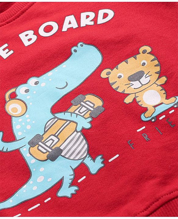 Babyhug Cotton Knit Full Sleeves Sweatshirts With Dino Print Pack of 2- Red & Blue
