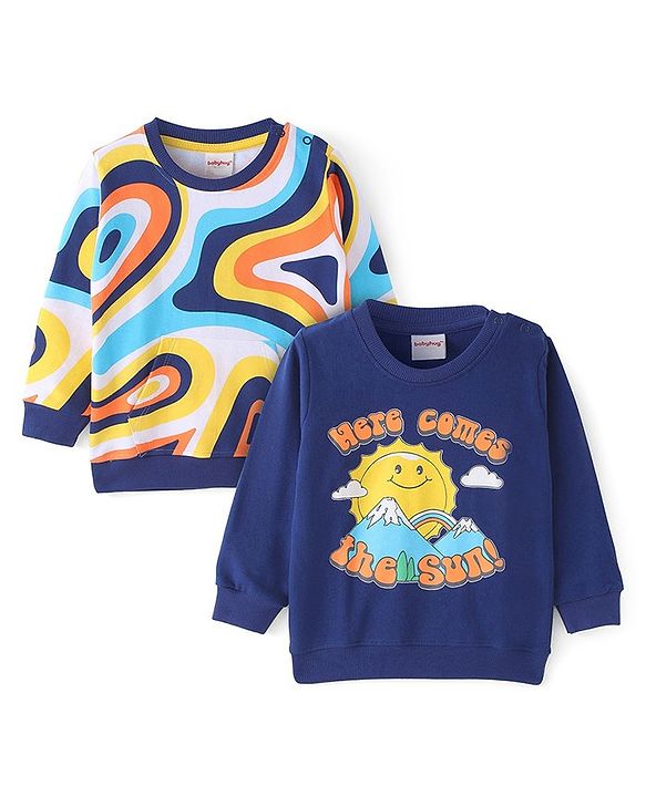 Babyhug Cotton Knit Full Sleeves Sweatshirt With Sun & Text Graphics Pack of 2 - Navy Blue