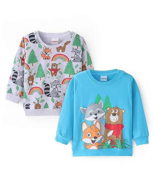 Babyhug Cotton Knit Full Sleeves Sweatshirt With Animal Graphics Pack of 2 - Blue & Light Grey