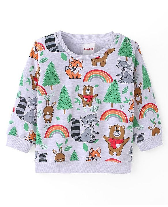 Babyhug Cotton Knit Full Sleeves Sweatshirt With Animal Graphics Pack of 2 - Blue & Light Grey