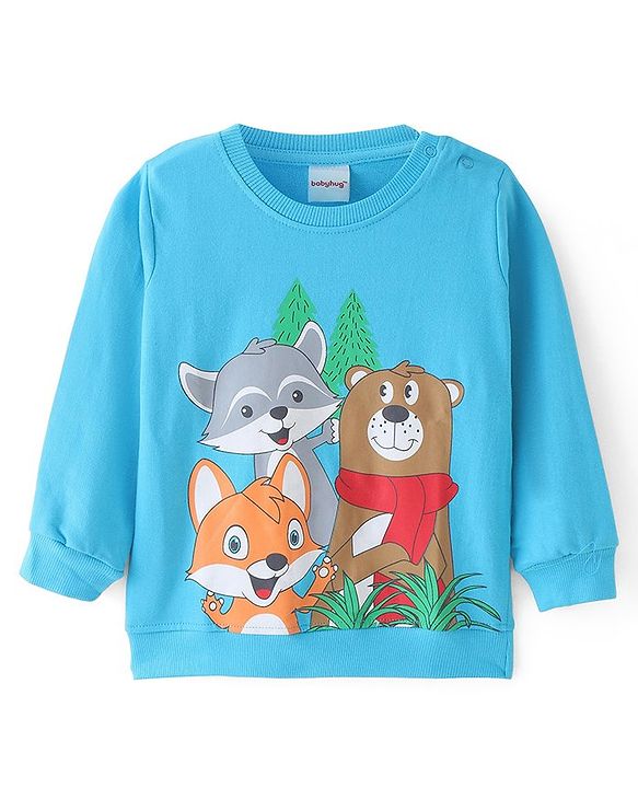 Babyhug Cotton Knit Full Sleeves Sweatshirt With Animal Graphics Pack of 2 - Blue & Light Grey