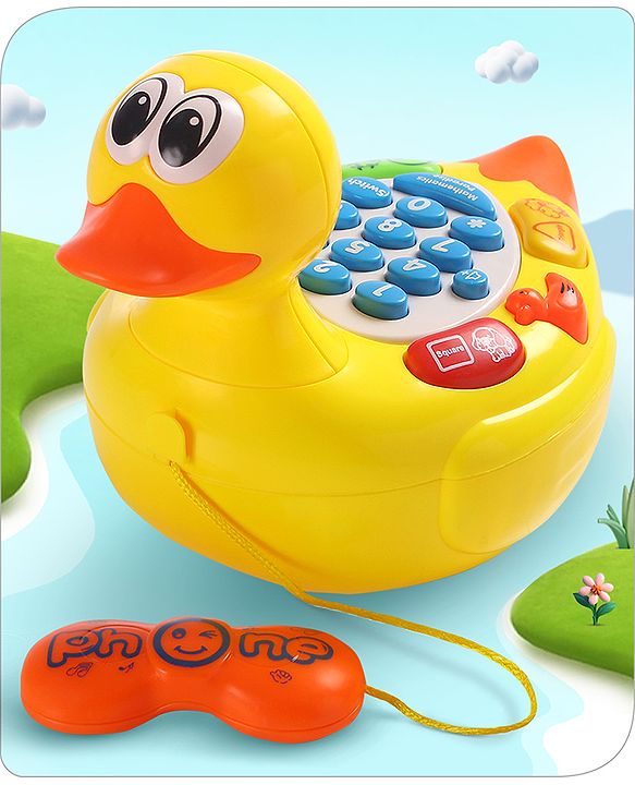 Babyhug Musical Duck Telephone Learning Toy|Lights & Music|Role Play Phone Toy for Kids|Numbers|Shape & Color Recognition|Animal Names & Sounds|Math Quizzes|Addition & Subtraction|Yellow - 12 Months+