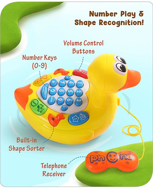 Babyhug Musical Duck Telephone Learning Toy|Lights & Music|Role Play Phone Toy for Kids|Numbers|Shape & Color Recognition|Animal Names & Sounds|Math Quizzes|Addition & Subtraction|Yellow - 12 Months+