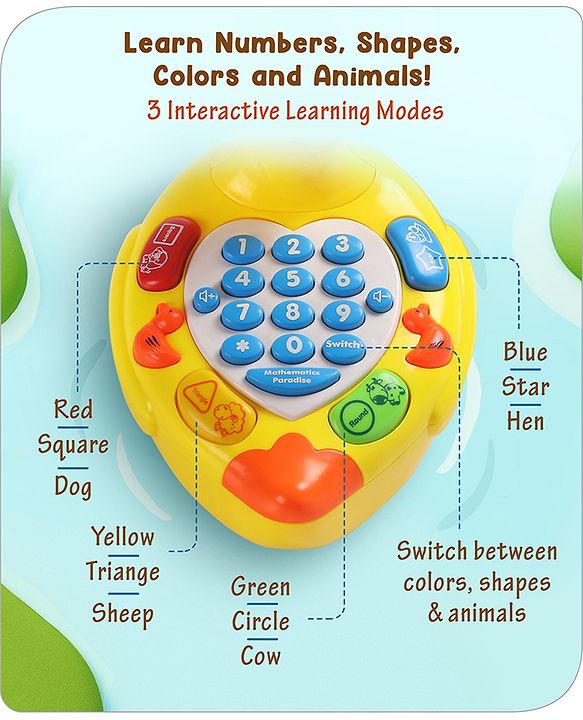 Babyhug Musical Duck Telephone Learning Toy|Lights & Music|Role Play Phone Toy for Kids|Numbers|Shape & Color Recognition|Animal Names & Sounds|Math Quizzes|Addition & Subtraction|Yellow - 12 Months+