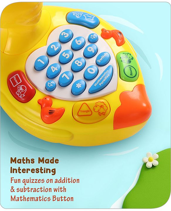 Babyhug Musical Duck Telephone Learning Toy|Lights & Music|Role Play Phone Toy for Kids|Numbers|Shape & Color Recognition|Animal Names & Sounds|Math Quizzes|Addition & Subtraction|Yellow - 12 Months+