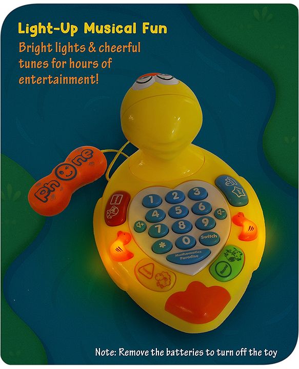 Babyhug Musical Duck Telephone Learning Toy|Lights & Music|Role Play Phone Toy for Kids|Numbers|Shape & Color Recognition|Animal Names & Sounds|Math Quizzes|Addition & Subtraction|Yellow - 12 Months+