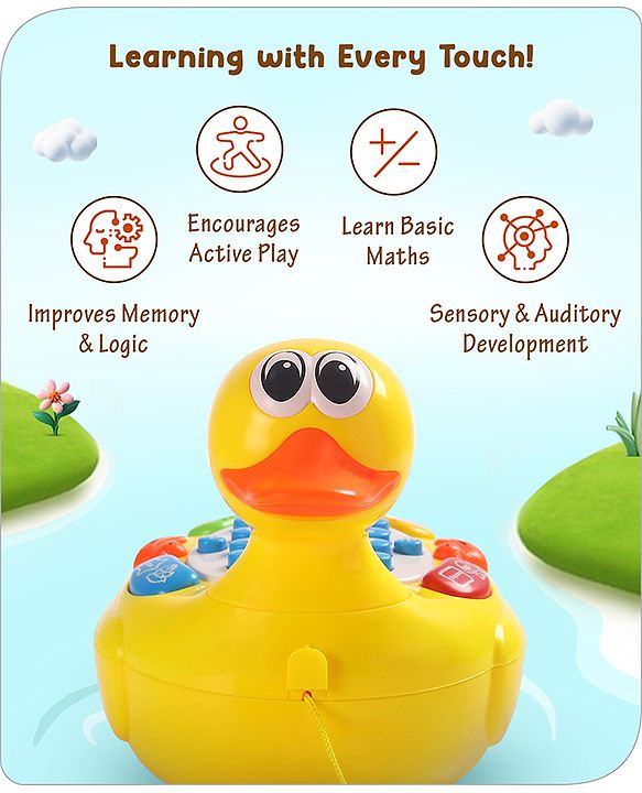 Babyhug Musical Duck Telephone Learning Toy|Lights & Music|Role Play Phone Toy for Kids|Numbers|Shape & Color Recognition|Animal Names & Sounds|Math Quizzes|Addition & Subtraction|Yellow - 12 Months+