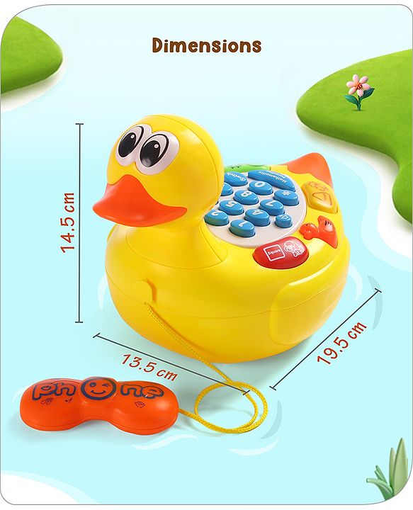 Babyhug Musical Duck Telephone Learning Toy|Lights & Music|Role Play Phone Toy for Kids|Numbers|Shape & Color Recognition|Animal Names & Sounds|Math Quizzes|Addition & Subtraction|Yellow - 12 Months+