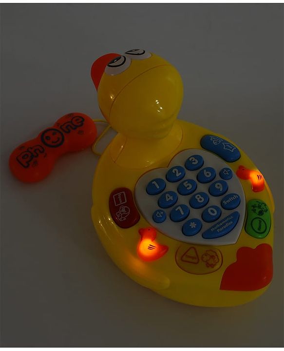 Babyhug Musical Duck Telephone Learning Toy|Lights & Music|Role Play Phone Toy for Kids|Numbers|Shape & Color Recognition|Animal Names & Sounds|Math Quizzes|Addition & Subtraction|Yellow - 12 Months+