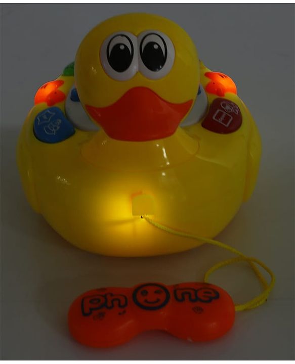 Babyhug Musical Duck Telephone Learning Toy|Lights & Music|Role Play Phone Toy for Kids|Numbers|Shape & Color Recognition|Animal Names & Sounds|Math Quizzes|Addition & Subtraction|Yellow - 12 Months+