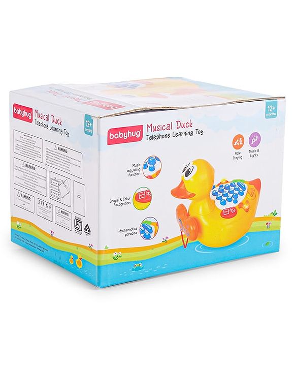 Babyhug Musical Duck Telephone Learning Toy|Lights & Music|Role Play Phone Toy for Kids|Numbers|Shape & Color Recognition|Animal Names & Sounds|Math Quizzes|Addition & Subtraction|Yellow - 12 Months+