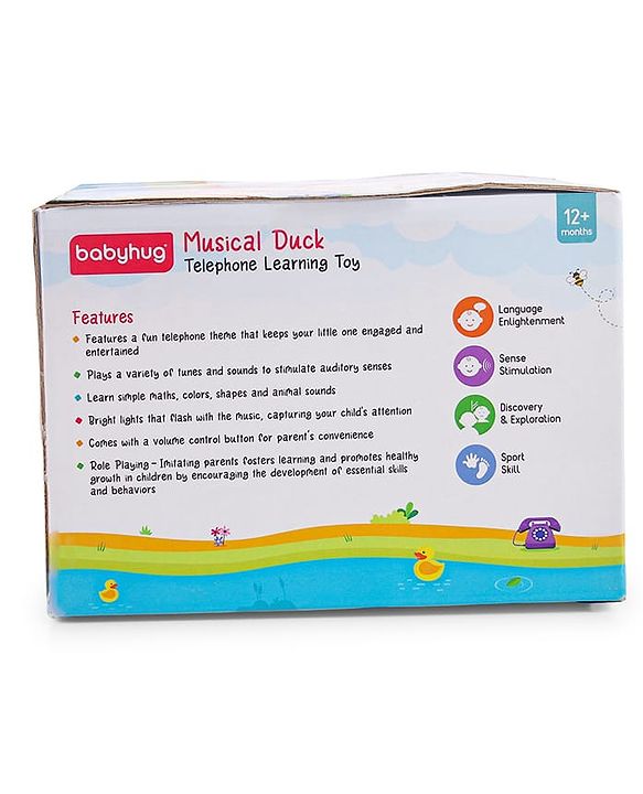 Babyhug Musical Duck Telephone Learning Toy|Lights & Music|Role Play Phone Toy for Kids|Numbers|Shape & Color Recognition|Animal Names & Sounds|Math Quizzes|Addition & Subtraction|Yellow - 12 Months+