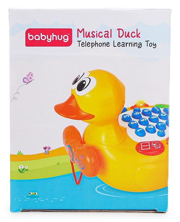 Babyhug Musical Duck Telephone Learning Toy|Lights & Music|Role Play Phone Toy for Kids|Numbers|Shape & Color Recognition|Animal Names & Sounds|Math Quizzes|Addition & Subtraction|Yellow - 12 Months+
