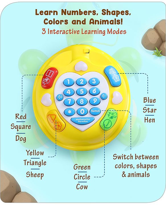 Babyhug Musical Duck Telephone Learning Toy|Lights & Music|Role Play Phone Toy for Kids|Numbers|Shape & Color Recognition|Animal Names & Sounds|Math Quizzes|Addition & Subtraction|Yellow - 12 Months+