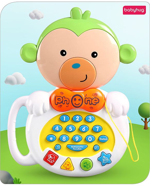 Babyhug Musical Monkey Telephone Learning Toy|Lights & Music|Role Play Phone Toy for Kids|Numbers|Shape & Color Recognition|Animal Names & Sounds|Math Quizzes|Addition & Subtraction|Yellow -12 Months+