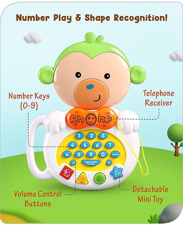 Babyhug Musical Monkey Telephone Learning Toy|Lights & Music|Role Play Phone Toy for Kids|Numbers|Shape & Color Recognition|Animal Names & Sounds|Math Quizzes|Addition & Subtraction|Yellow -12 Months+