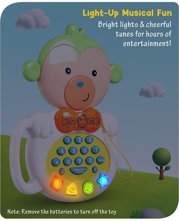 Babyhug Musical Monkey Telephone Learning Toy|Lights & Music|Role Play Phone Toy for Kids|Numbers|Shape & Color Recognition|Animal Names & Sounds|Math Quizzes|Addition & Subtraction|Yellow -12 Months+