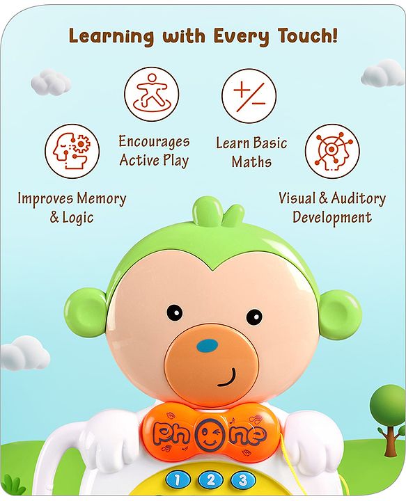 Babyhug Musical Monkey Telephone Learning Toy|Lights & Music|Role Play Phone Toy for Kids|Numbers|Shape & Color Recognition|Animal Names & Sounds|Math Quizzes|Addition & Subtraction|Yellow -12 Months+
