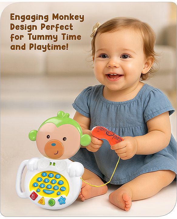 Babyhug Musical Monkey Telephone Learning Toy|Lights & Music|Role Play Phone Toy for Kids|Numbers|Shape & Color Recognition|Animal Names & Sounds|Math Quizzes|Addition & Subtraction|Yellow -12 Months+