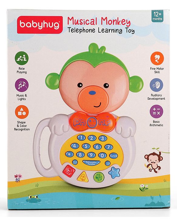 Babyhug Musical Monkey Telephone Learning Toy|Lights & Music|Role Play Phone Toy for Kids|Numbers|Shape & Color Recognition|Animal Names & Sounds|Math Quizzes|Addition & Subtraction|Yellow -12 Months+