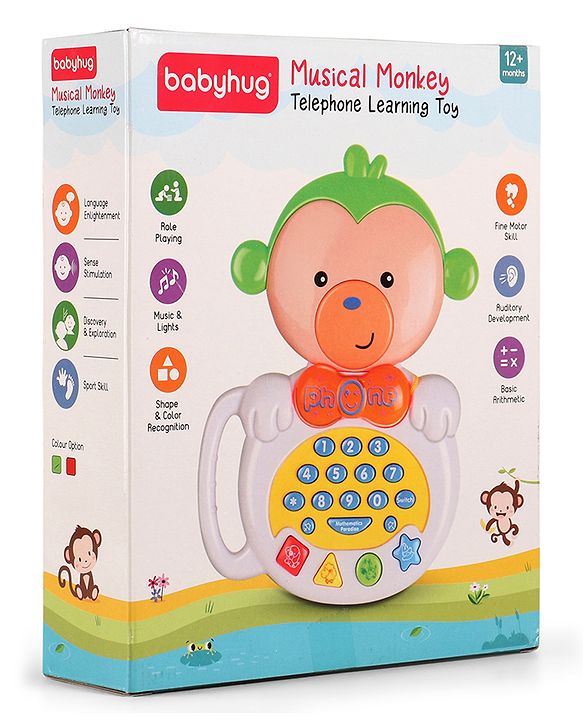 Babyhug Musical Monkey Telephone Learning Toy|Lights & Music|Role Play Phone Toy for Kids|Numbers|Shape & Color Recognition|Animal Names & Sounds|Math Quizzes|Addition & Subtraction|Yellow -12 Months+