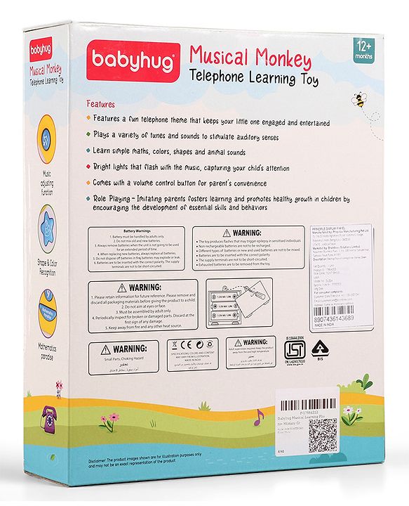 Babyhug Musical Monkey Telephone Learning Toy|Lights & Music|Role Play Phone Toy for Kids|Numbers|Shape & Color Recognition|Animal Names & Sounds|Math Quizzes|Addition & Subtraction|Yellow -12 Months+