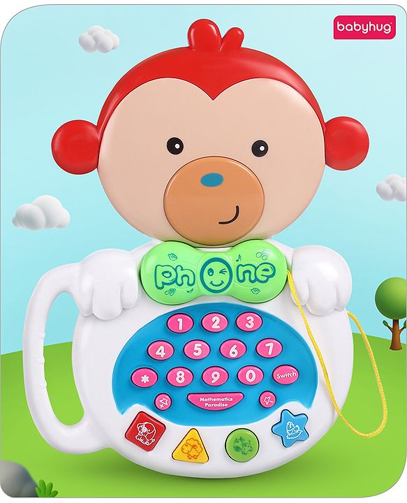 Babyhug Musical Monkey Telephone Learning Toy|Lights & Music|Role Play Phone Toy for Kids|Numbers|Shape & Color Recognition|Animal Names & Sounds|Math Quizzes|Addition & Subtraction|Red -12 Months+
