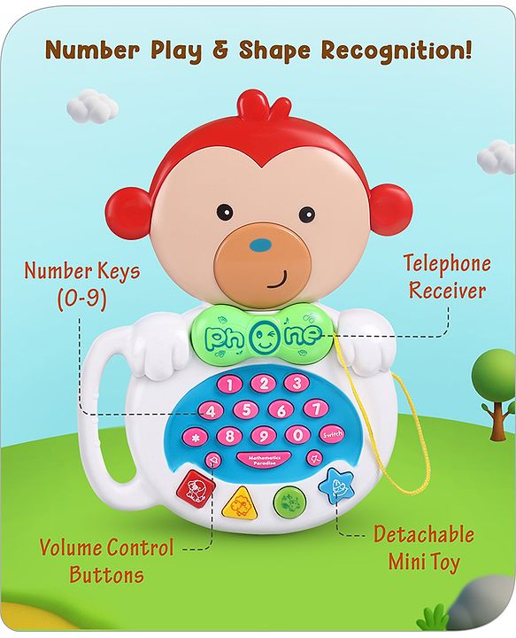 Babyhug Musical Monkey Telephone Learning Toy|Lights & Music|Role Play Phone Toy for Kids|Numbers|Shape & Color Recognition|Animal Names & Sounds|Math Quizzes|Addition & Subtraction|Red -12 Months+
