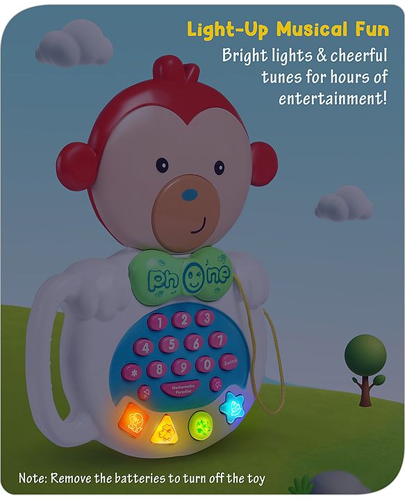 Babyhug Musical Monkey Telephone Learning Toy|Lights & Music|Role Play Phone Toy for Kids|Numbers|Shape & Color Recognition|Animal Names & Sounds|Math Quizzes|Addition & Subtraction|Red -12 Months+