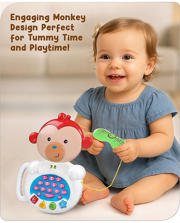 Babyhug Musical Monkey Telephone Learning Toy|Lights & Music|Role Play Phone Toy for Kids|Numbers|Shape & Color Recognition|Animal Names & Sounds|Math Quizzes|Addition & Subtraction|Red -12 Months+
