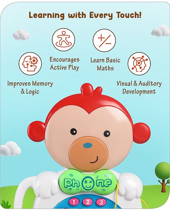 Babyhug Musical Monkey Telephone Learning Toy|Lights & Music|Role Play Phone Toy for Kids|Numbers|Shape & Color Recognition|Animal Names & Sounds|Math Quizzes|Addition & Subtraction|Red -12 Months+