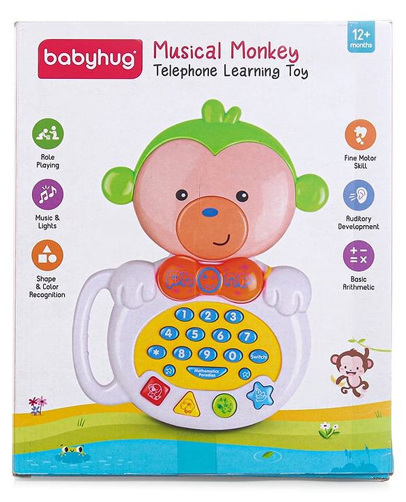 Babyhug Musical Monkey Telephone Learning Toy|Lights & Music|Role Play Phone Toy for Kids|Numbers|Shape & Color Recognition|Animal Names & Sounds|Math Quizzes|Addition & Subtraction|Red -12 Months+