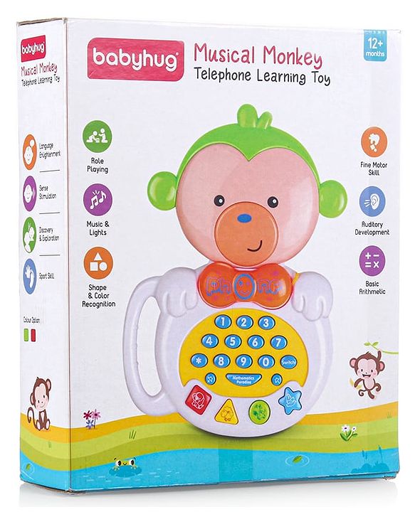 Babyhug Musical Monkey Telephone Learning Toy|Lights & Music|Role Play Phone Toy for Kids|Numbers|Shape & Color Recognition|Animal Names & Sounds|Math Quizzes|Addition & Subtraction|Red -12 Months+