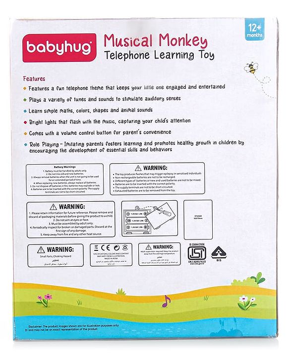 Babyhug Musical Monkey Telephone Learning Toy|Lights & Music|Role Play Phone Toy for Kids|Numbers|Shape & Color Recognition|Animal Names & Sounds|Math Quizzes|Addition & Subtraction|Red -12 Months+