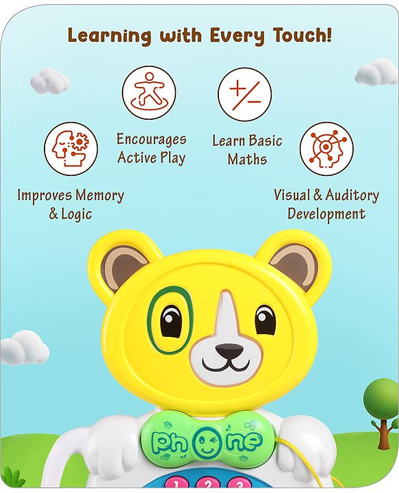 Babyhug Musical Monkey Telephone Learning Toy|Lights & Music|Role Play Phone Toy for Kids|Numbers|Shape & Color Recognition|Animal Names & Sounds|Math Quizzes|Addition & Subtraction|Red -12 Months+