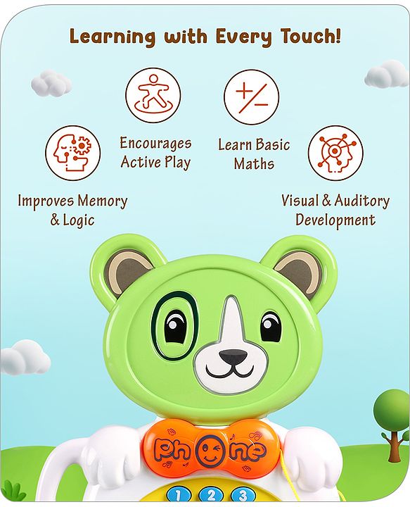 Babyhug Musical Monkey Telephone Learning Toy|Lights & Music|Role Play Phone Toy for Kids|Numbers|Shape & Color Recognition|Animal Names & Sounds|Math Quizzes|Addition & Subtraction|Yellow -12 Months+