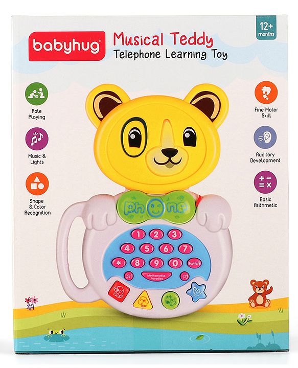 Babyhug Musical Monkey Telephone Learning Toy|Lights & Music|Role Play Phone Toy for Kids|Numbers|Shape & Color Recognition|Animal Names & Sounds|Math Quizzes|Addition & Subtraction|Yellow -12 Months+