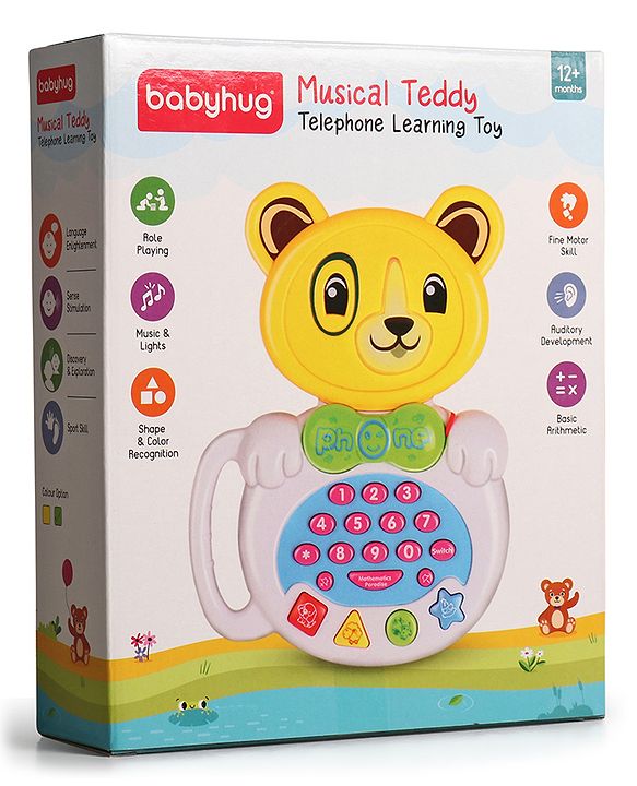 Babyhug Musical Monkey Telephone Learning Toy|Lights & Music|Role Play Phone Toy for Kids|Numbers|Shape & Color Recognition|Animal Names & Sounds|Math Quizzes|Addition & Subtraction|Yellow -12 Months+