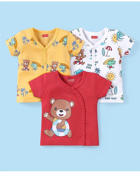 Babyhug 100% Cotton Interlock Knit Half Sleeves Vests with Bear Print Pack of 3 - Multicolor
