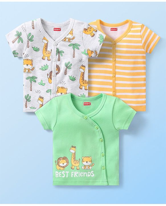 Babyhug Cotton Interlock Half Sleeves Front Open Vest Animal Print Pack of 3 - Multicolour