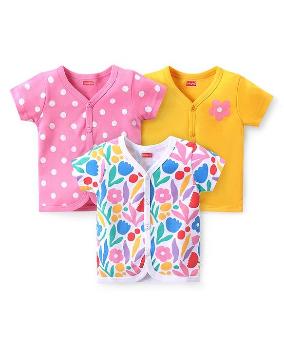 Babyhug 100% Cotton Knit Half Sleeves Front Open Vests Polka Dot & Floral Print Pack of 3 - Multicolor