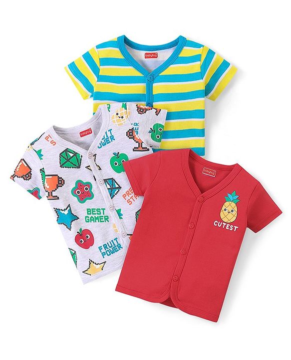 Babyhug 100% Cotton Interlock Knit Half Sleeves Vests with Fruit Print & Stripes Pattern Pack of 3 - Multicolor