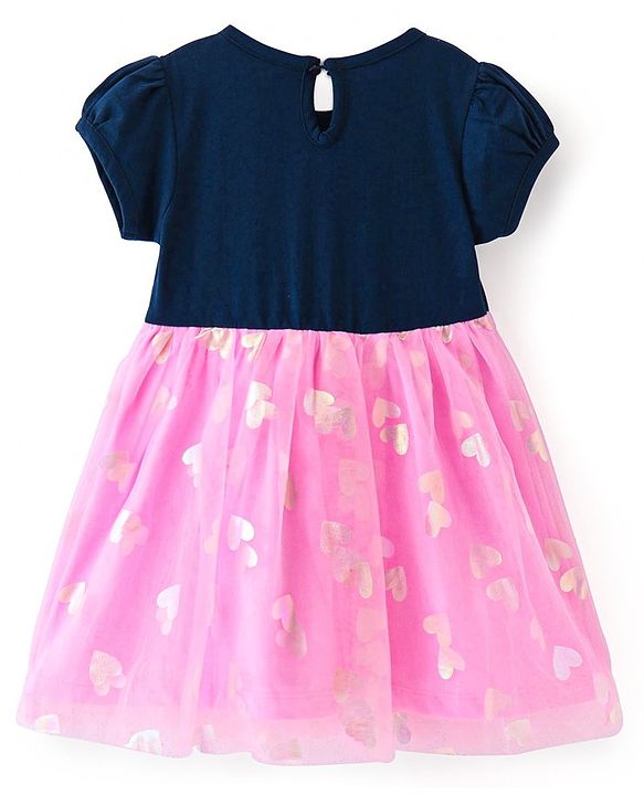 Babyhug Cotton Knit Half Sleeves Foil Printed Frock with Sequinned Heart - Pink