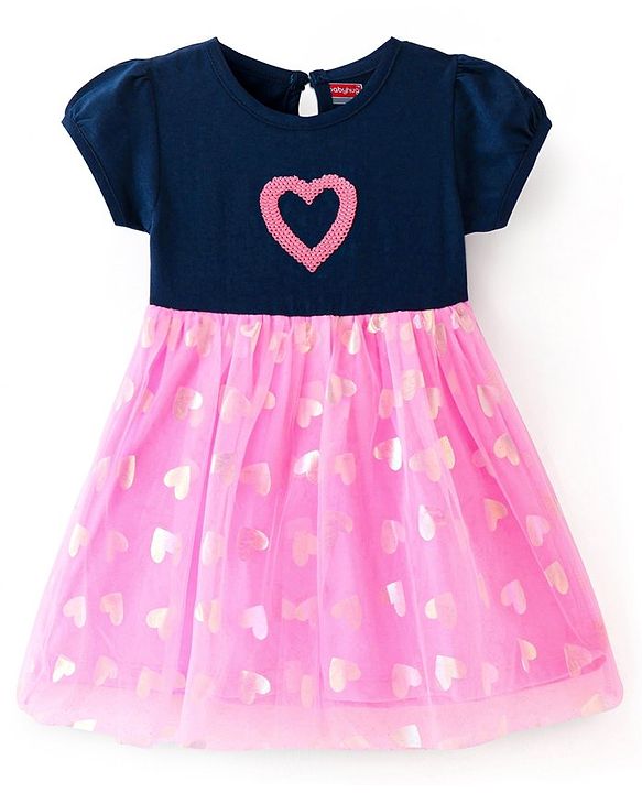 Babyhug Cotton Knit Half Sleeves Foil Printed Frock with Sequinned Heart - Pink